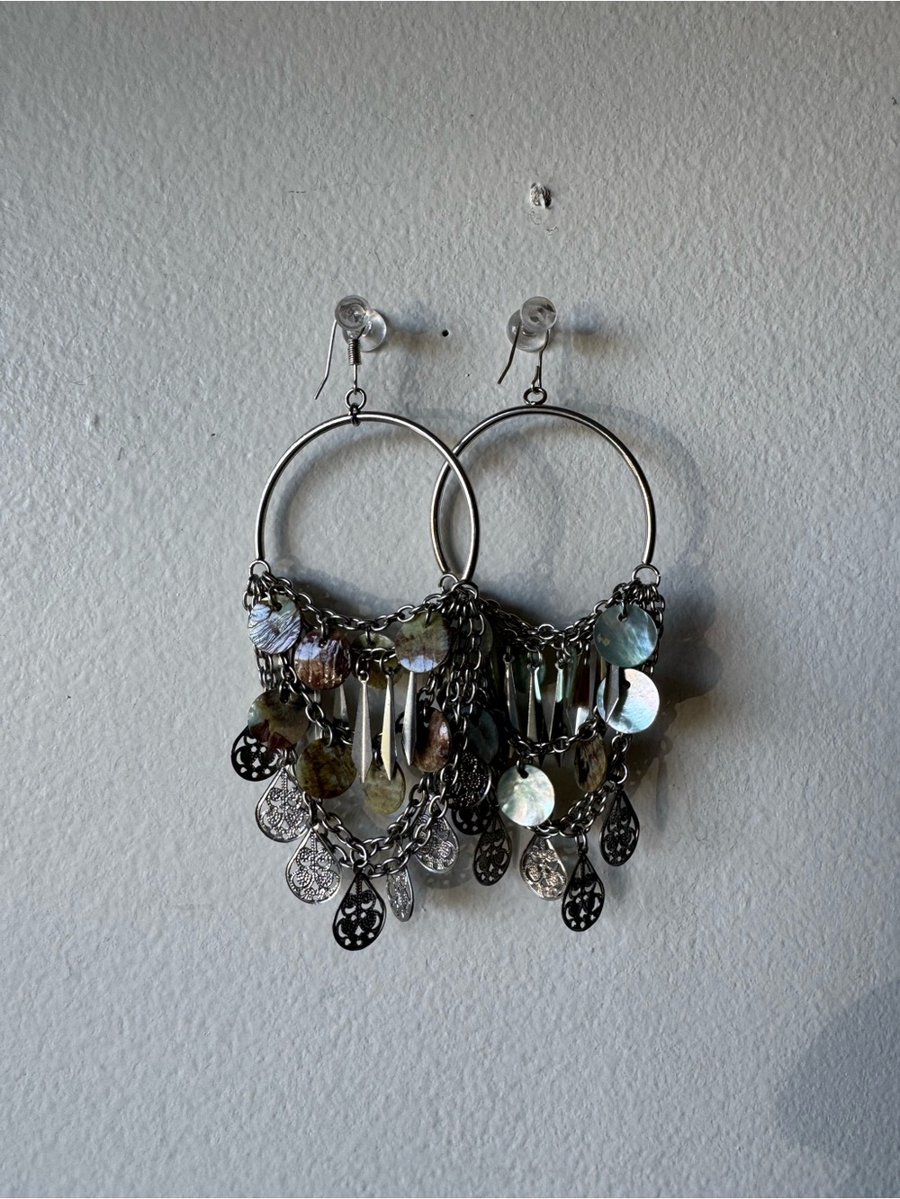 Boho Silver Iridescent Hoop Dangle Earrings